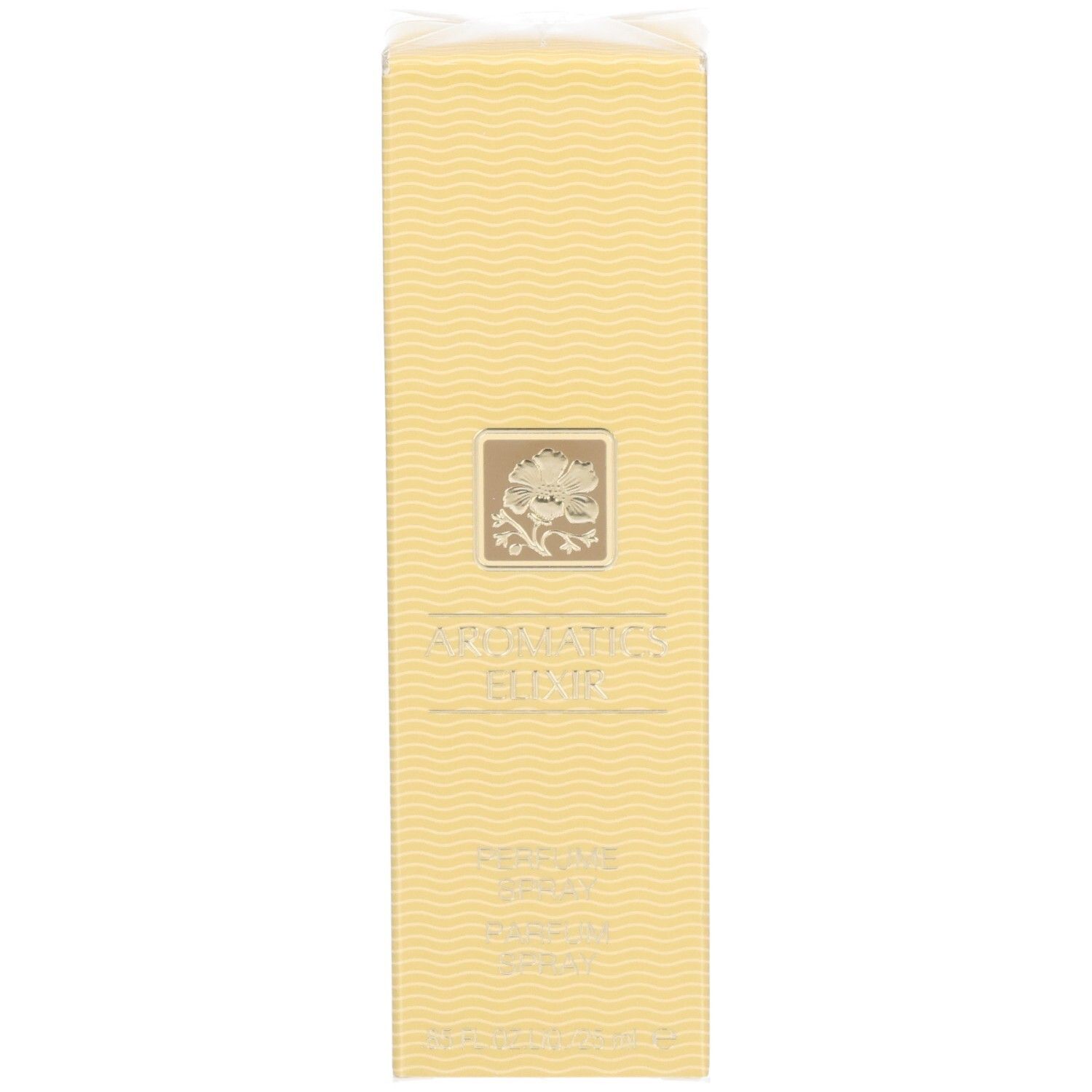 Avant de l'emballage Aromatics Elixir Parfum Spray avec emblème floral et motif ondulé.
