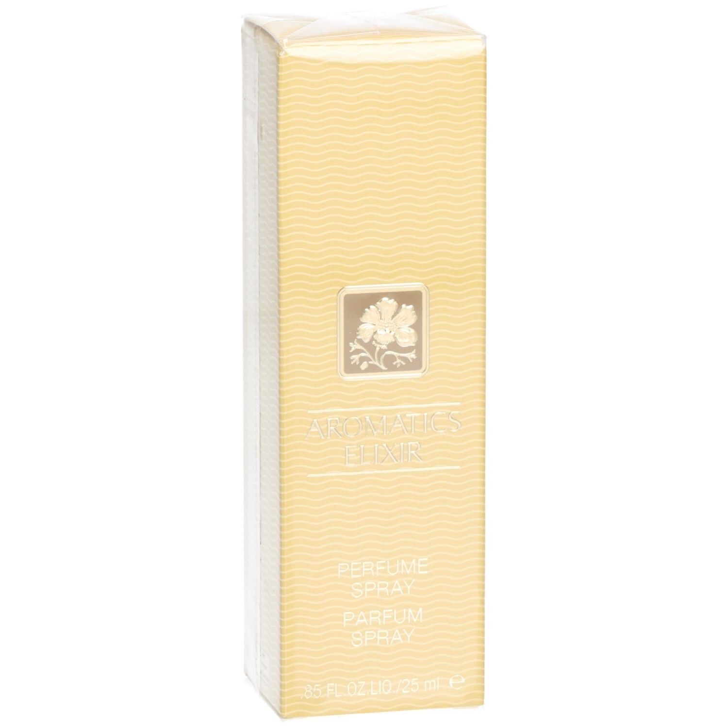 Emballage Aromatics Elixir Parfum Spray avec motif ondulé, emblème floral et texte.