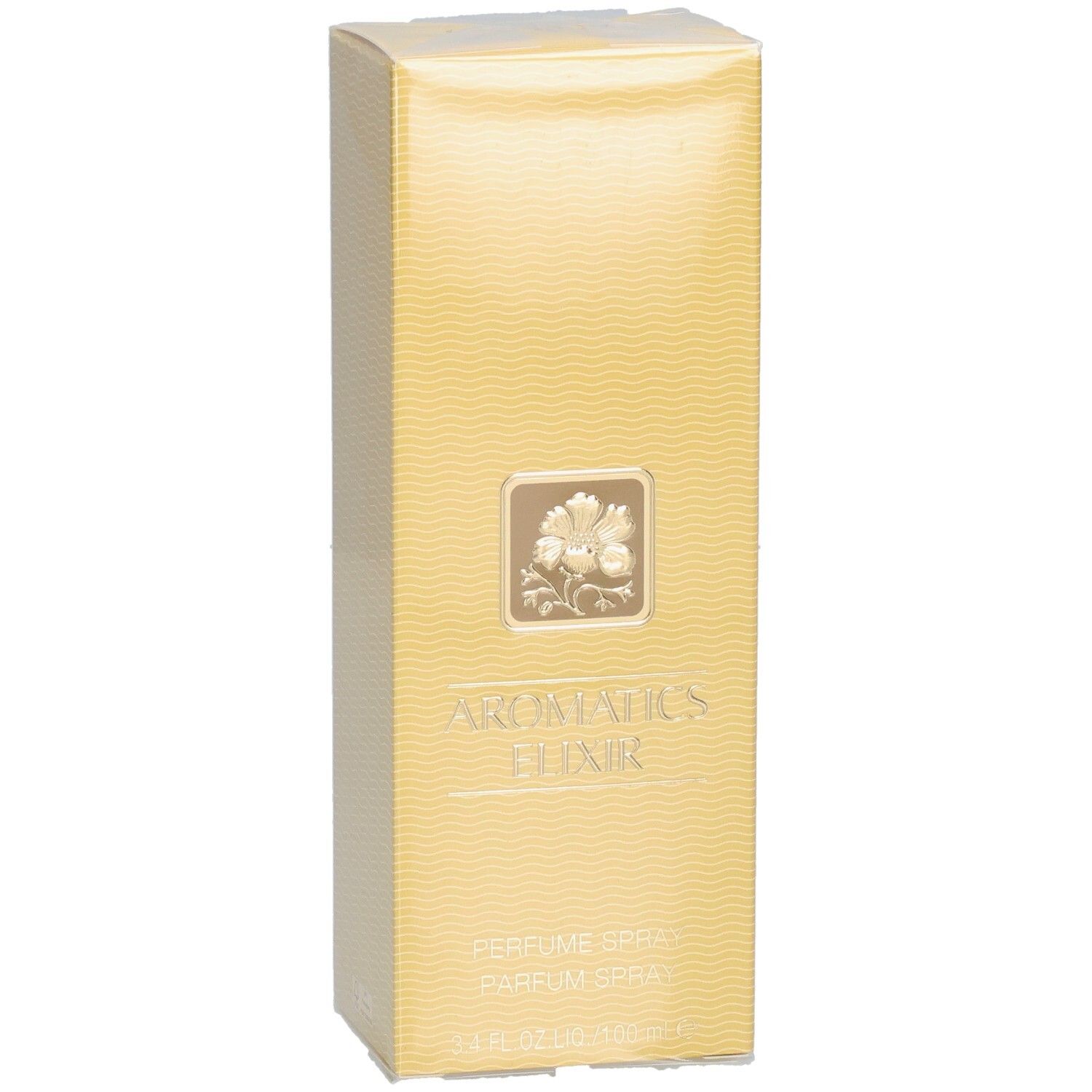Clinique Aromatics Elixir Parfum Spray 100 ml, emballage doré.