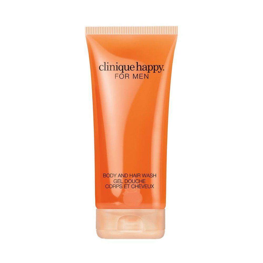 Tube de gel douche orange. Inscription: Clinique Happy For Men. Texte: Body and Hair Wash, Gel douche Corps et Cheveux.