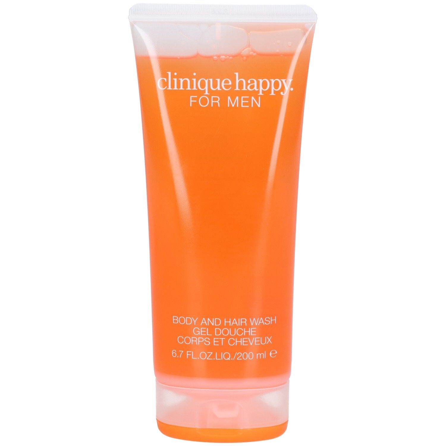 Tube transparent de gel douche orange. Inscription: Clinique Happy For Men. Texte: Body and Hair Wash, Gel douche Corps et Cheveux.