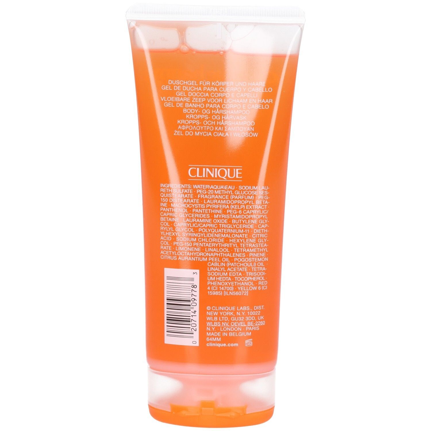 Dos d'un tube de gel douche. Contient du texte en plusieurs langues et des ingrédients. Marque: Clinique. Couleur: Orange.