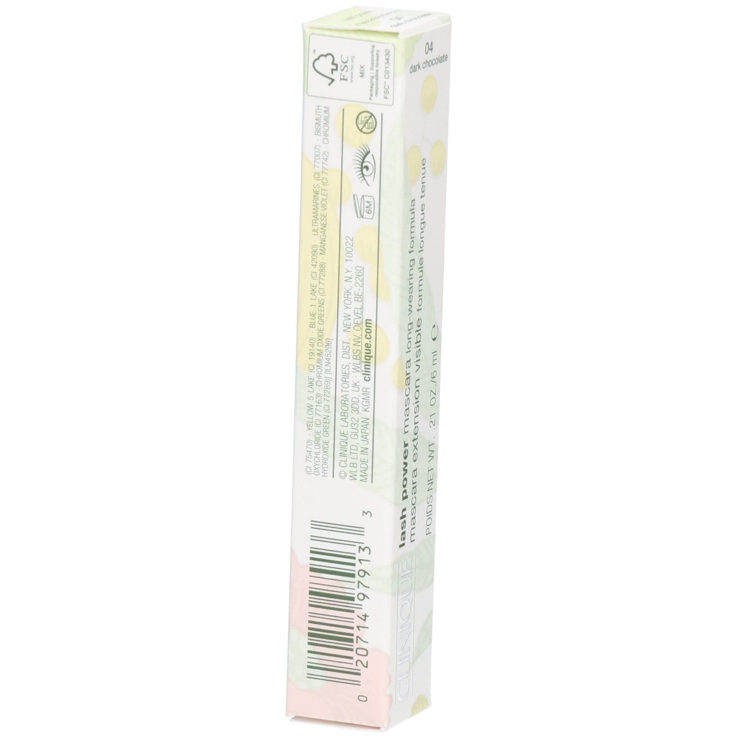 Boîte Clinique Lash Power Mascara, verso avec ingrédients et logo FSC.
