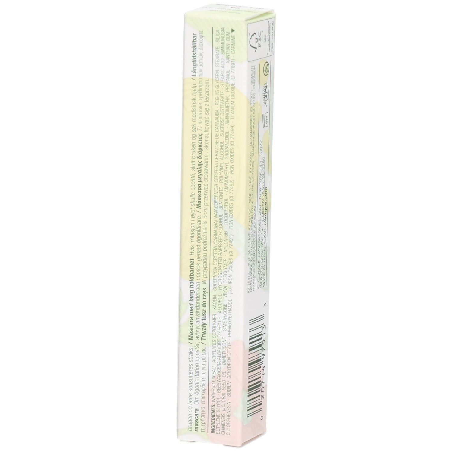 Boîte Clinique Lash Power Mascara, côté avec ingrédients et instructions d'utilisation.