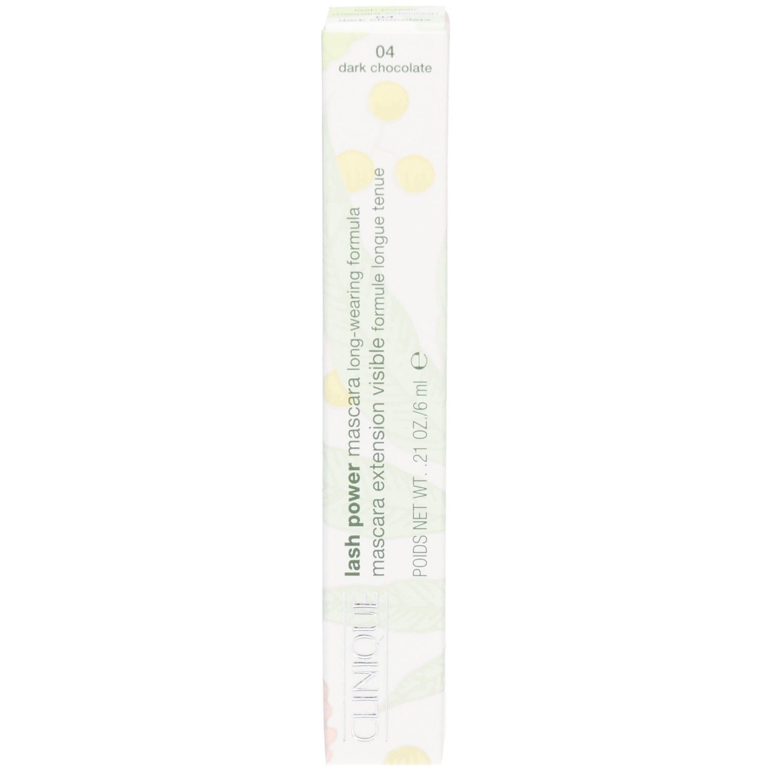 Boîte Clinique Lash Power Mascara, face avant avec nom de couleur et produit.