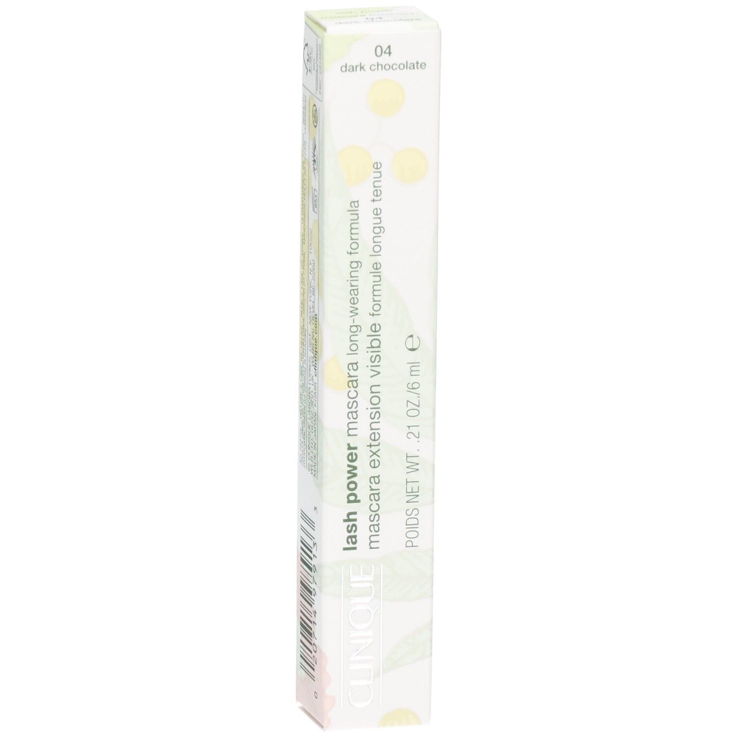 Boîte Clinique Lash Power Mascara, face avant avec nom de couleur et produit.