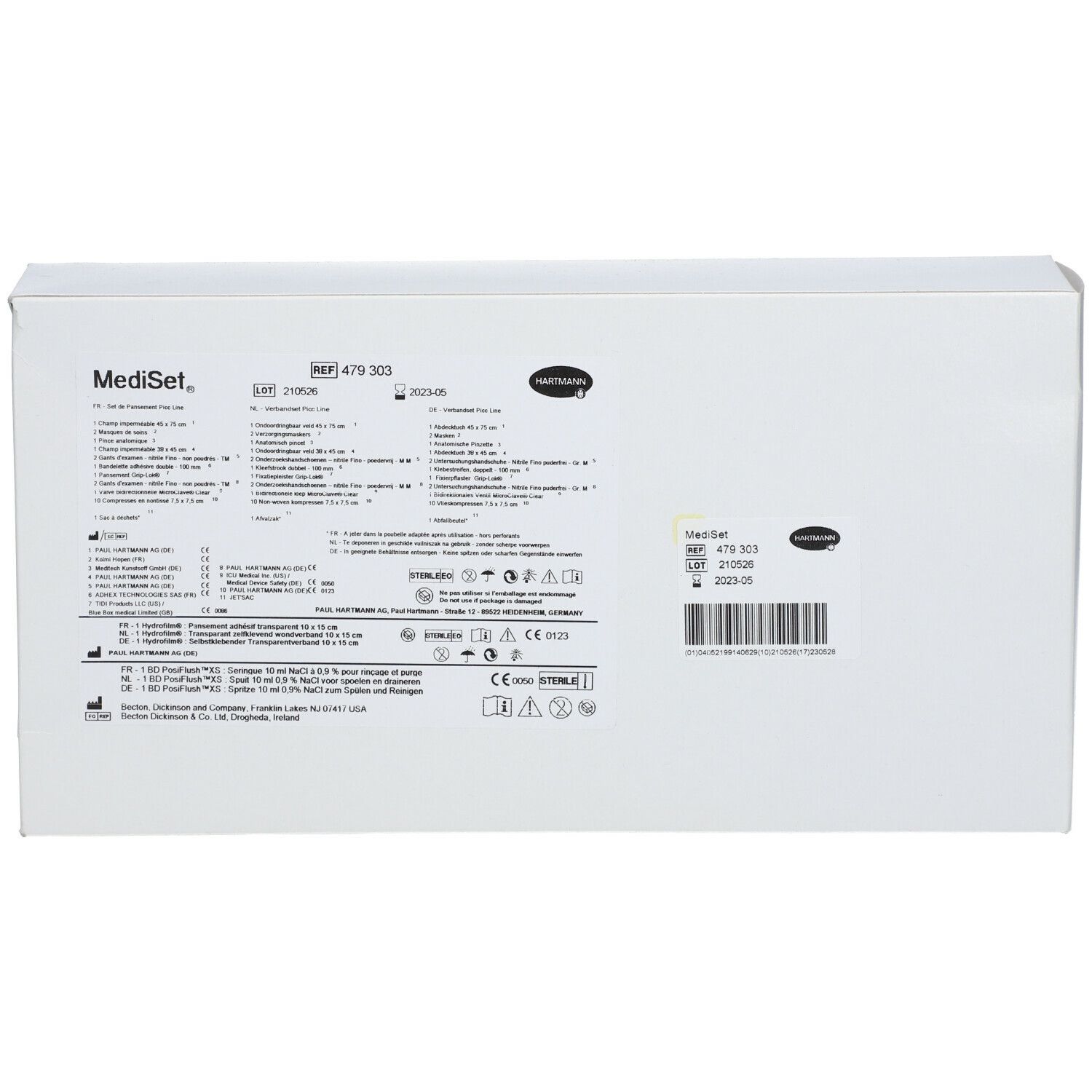 Emballage blanc avec informations produit et code-barres. Inscription : MediSet, Hartmann.