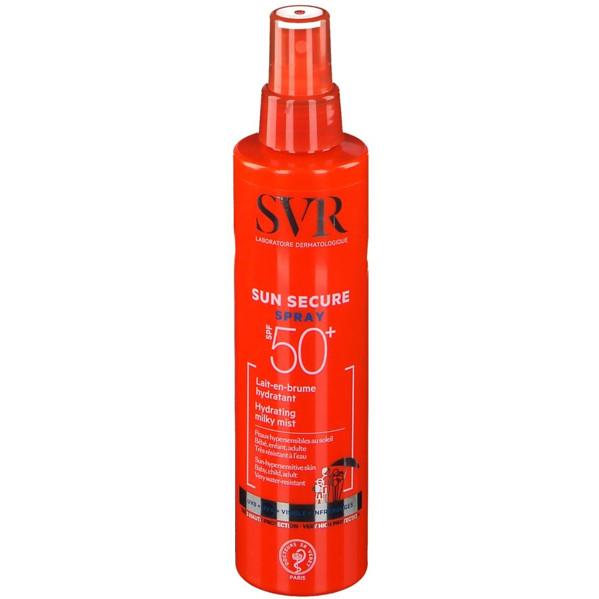 Flacon spray rouge avec bouchon blanc. Inscriptions: SVR, SUN SECURE SPRAY SPF50+. Lait-en-brume hydratant.