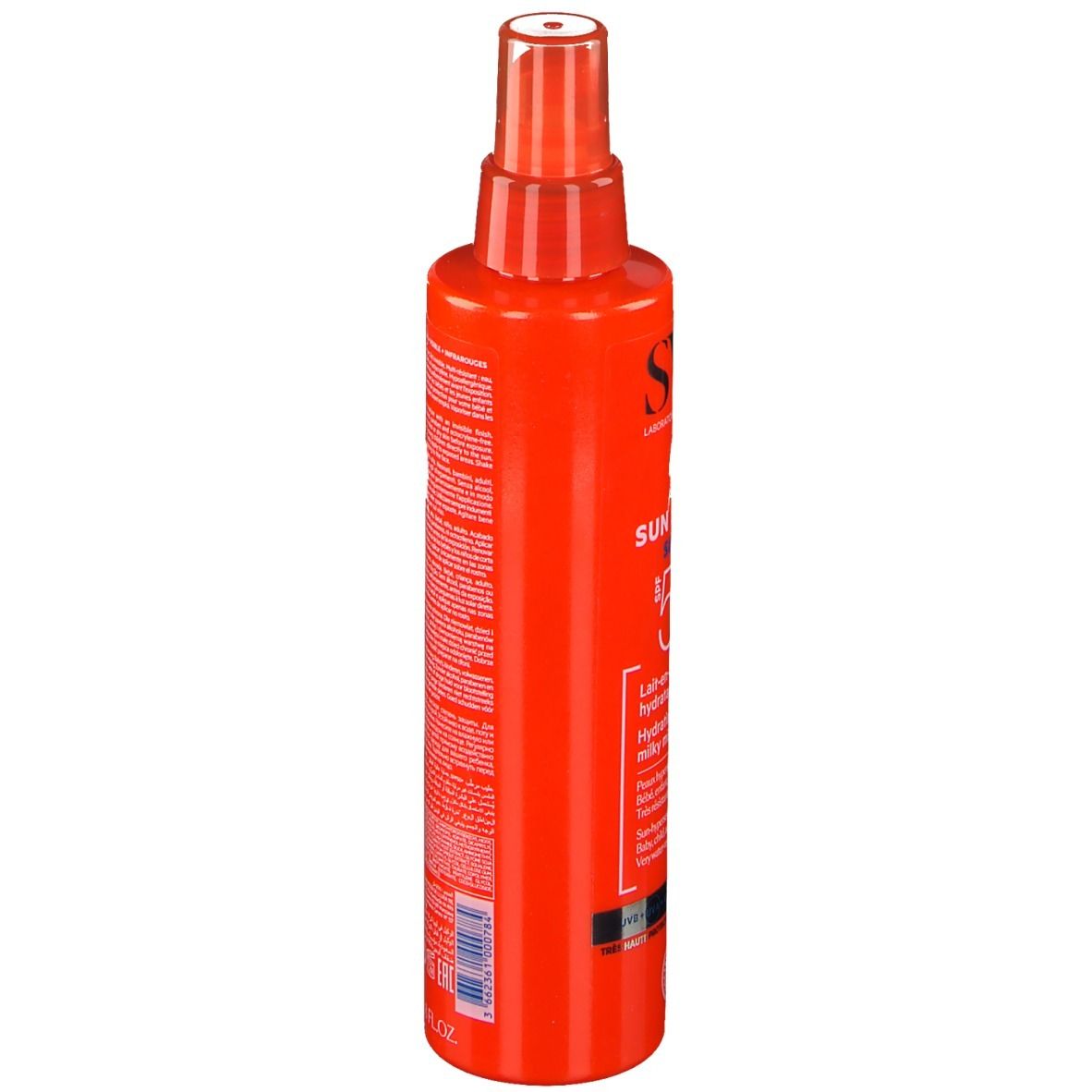 Côté d'un flacon spray rouge. Inscriptions: SVR, SUN SECURE SPRAY SPF50+. Divers logos et symboles.