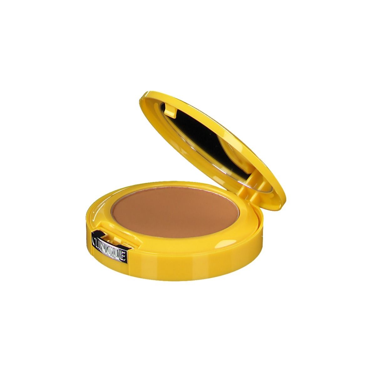 Poudre compacte jaune ouverte, miroir visible. Poudre bronzante. Marque CLINIQUE.