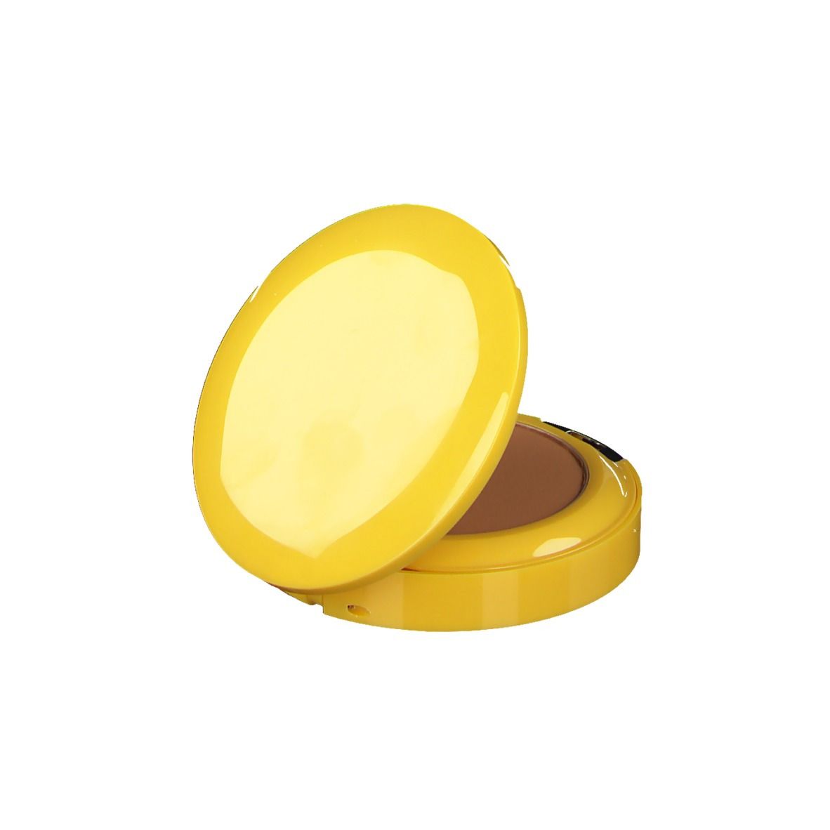 Poudre compacte jaune, couvercle ouvert. Poudre bronzante visible.