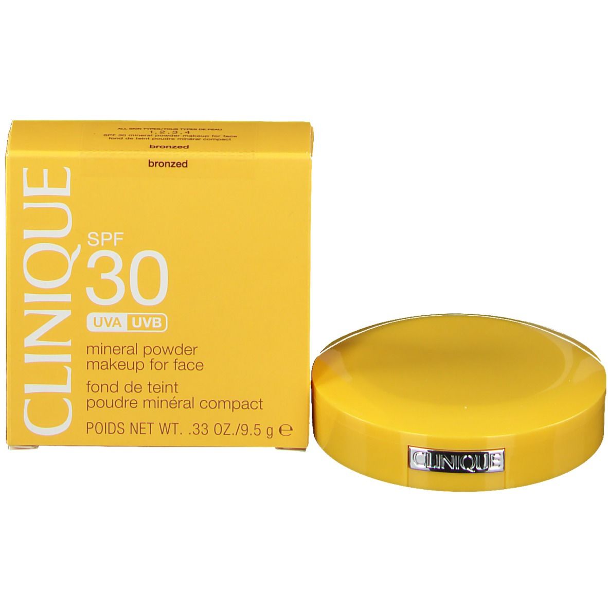 Emballage jaune et poudre compacte. Texte: CLINIQUE SPF 30, poudre minérale. Bronzé.