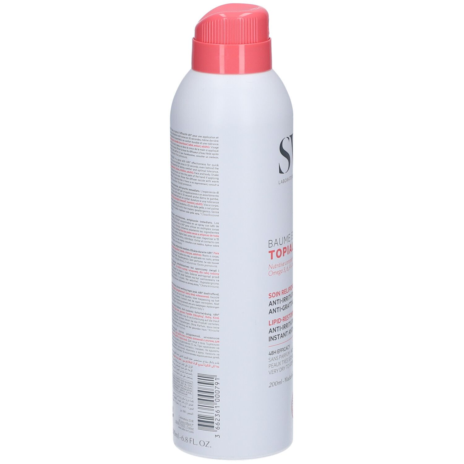 Spray blanc avec tête rose. Dos avec texte. Inscription: Baume Topialyse. Contient Oméga 3, 6, 9 et Niacinamide.