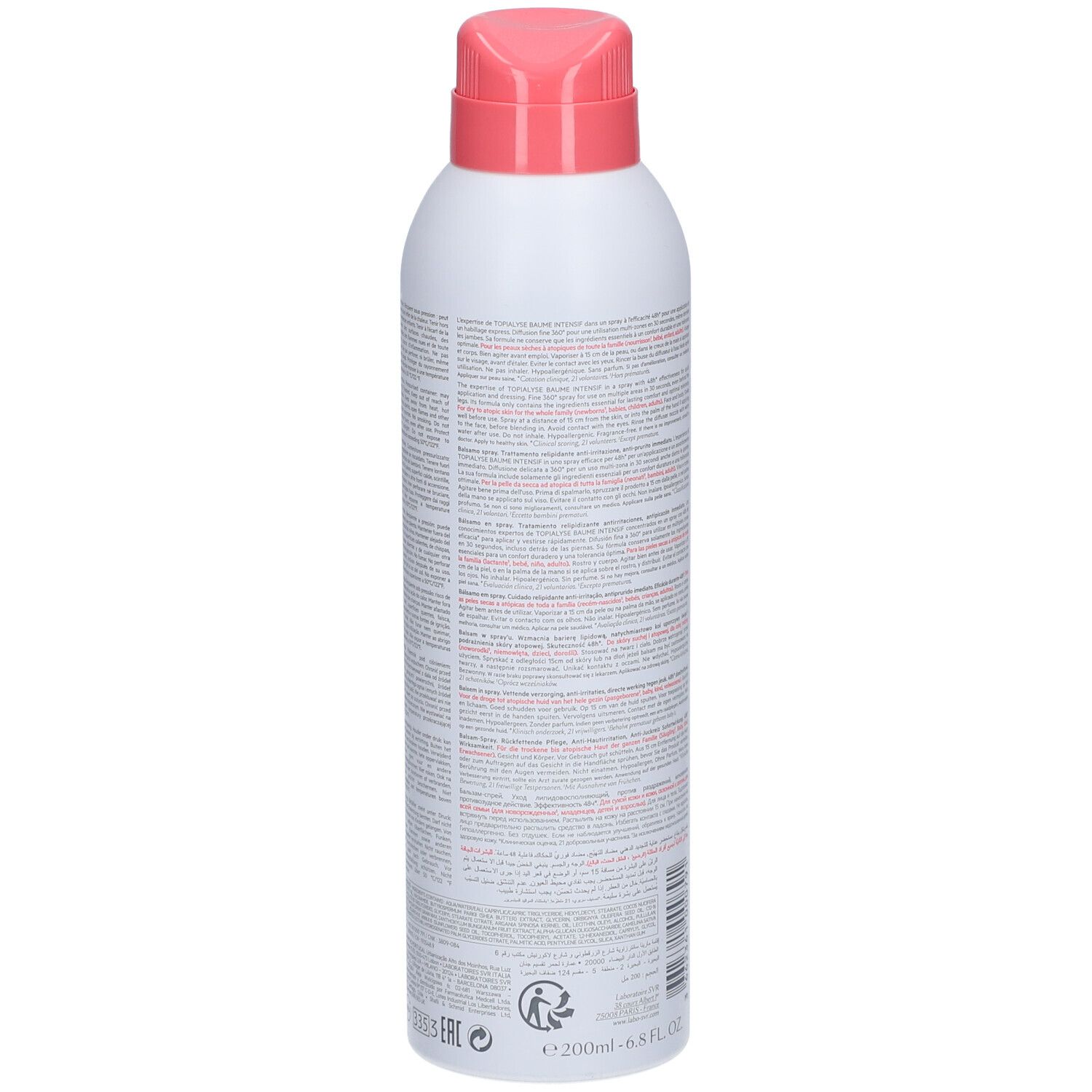 Spray blanc avec tête rose. Dos avec texte. Inscription: Baume Topialyse. Contient Oméga 3, 6, 9 et Niacinamide.