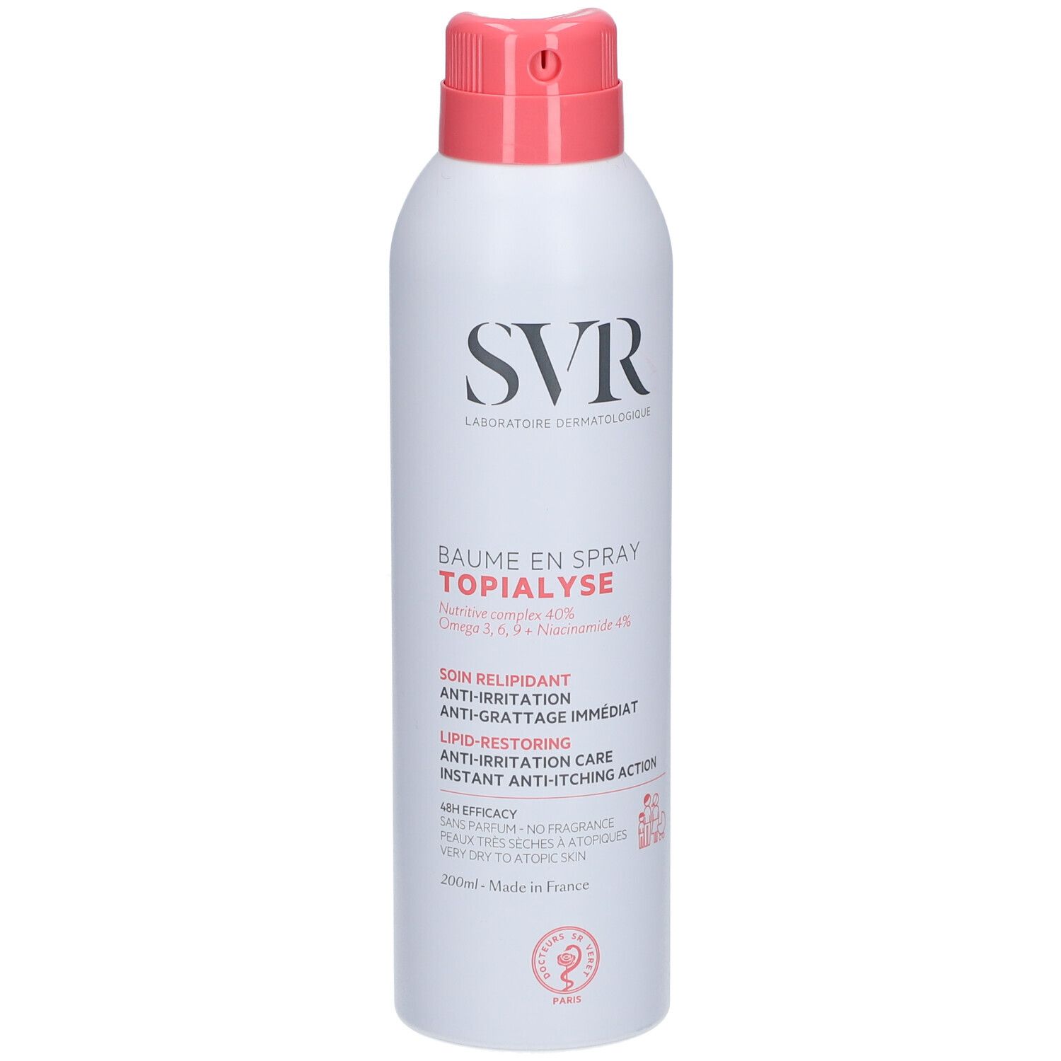 Spray blanc avec tête rose. Inscription: SVR, Baume en Spray Topialyse. Contient Oméga 3, 6, 9 et Niacinamide.