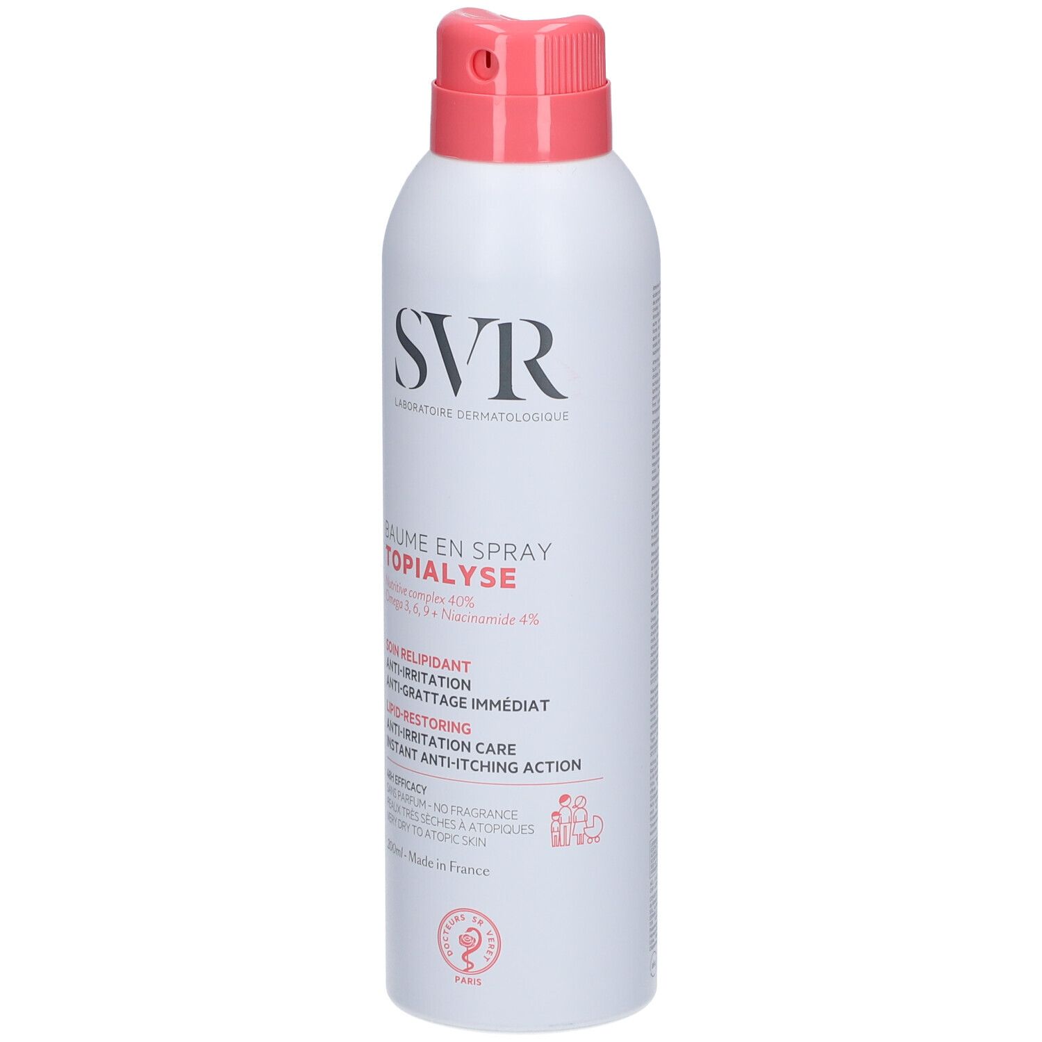 Spray blanc avec tête rose. Inscription: SVR, Baume en Spray Topialyse. Contient Oméga 3, 6, 9 et Niacinamide.
