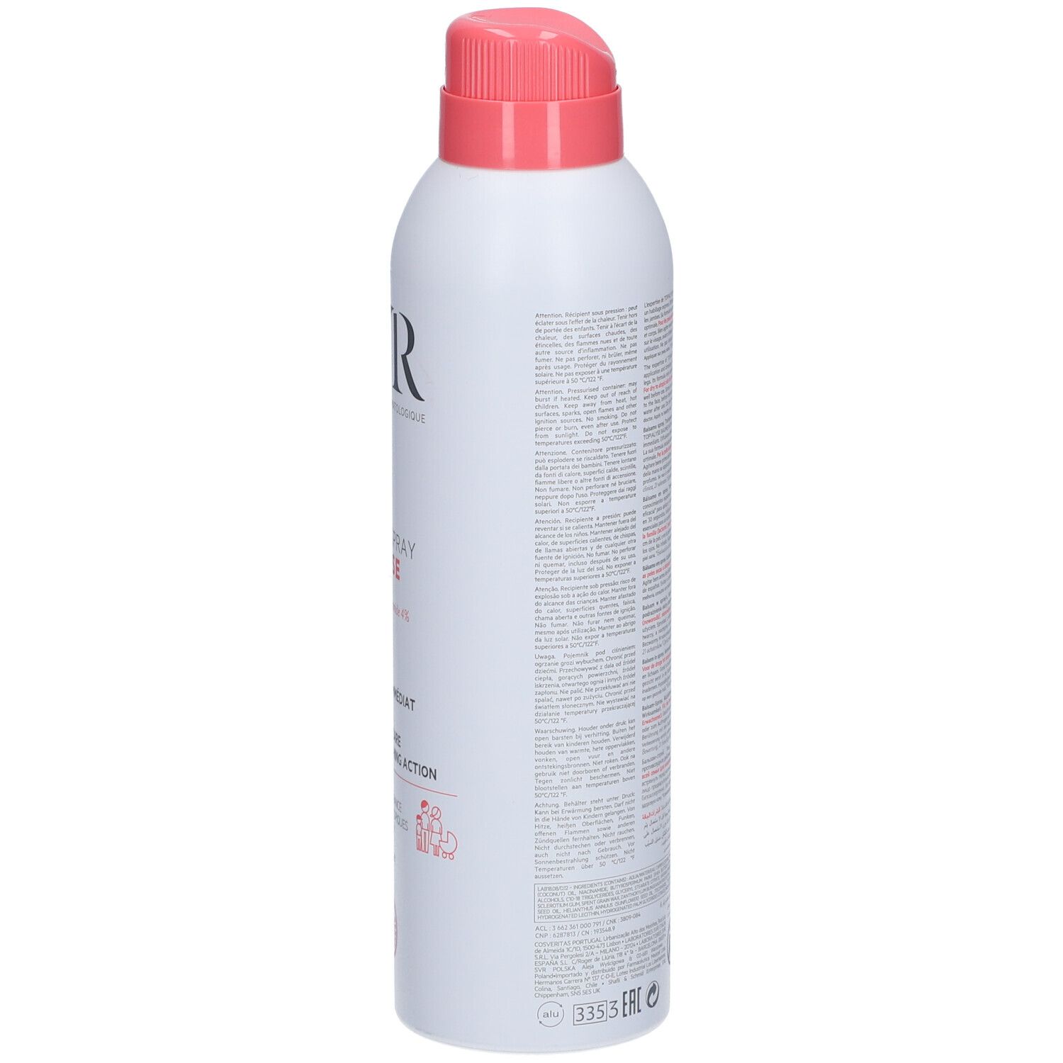 Spray blanc avec tête rose. Dos avec texte. Inscription: Baume Topialyse. Contient Oméga 3, 6, 9 et Niacinamide.