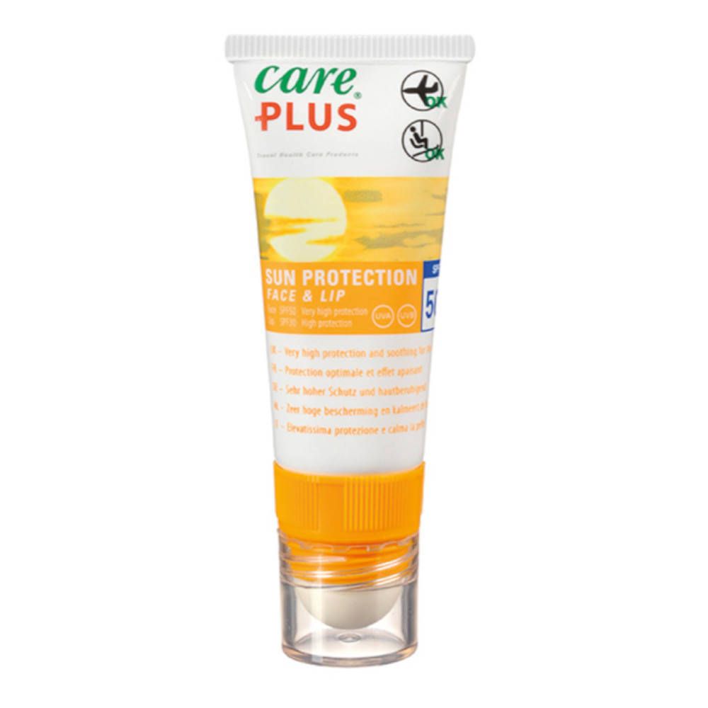 Tube Care Plus® Sun Protection Gesicht + Lippen SPF50+. Blanc, jaune, orange. Avec applicateur roll-on. Texte: Sun Protection Face & Lip.