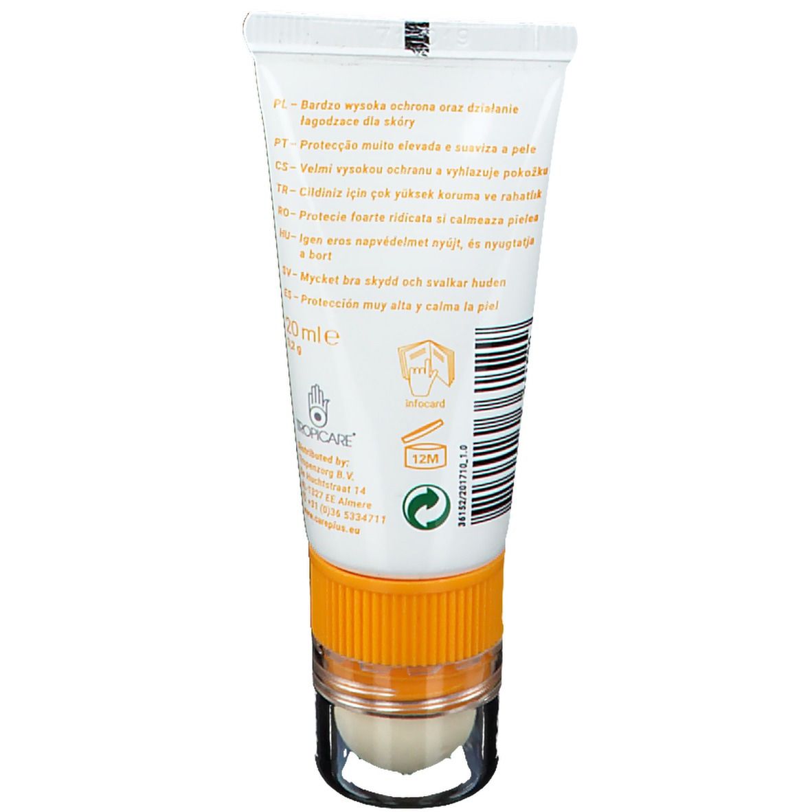 Dos du tube Care Plus® Sun Protection Gesicht + Lippen SPF50+. Blanc, jaune, orange. Avec texte et logos. Applicateur roll-on.