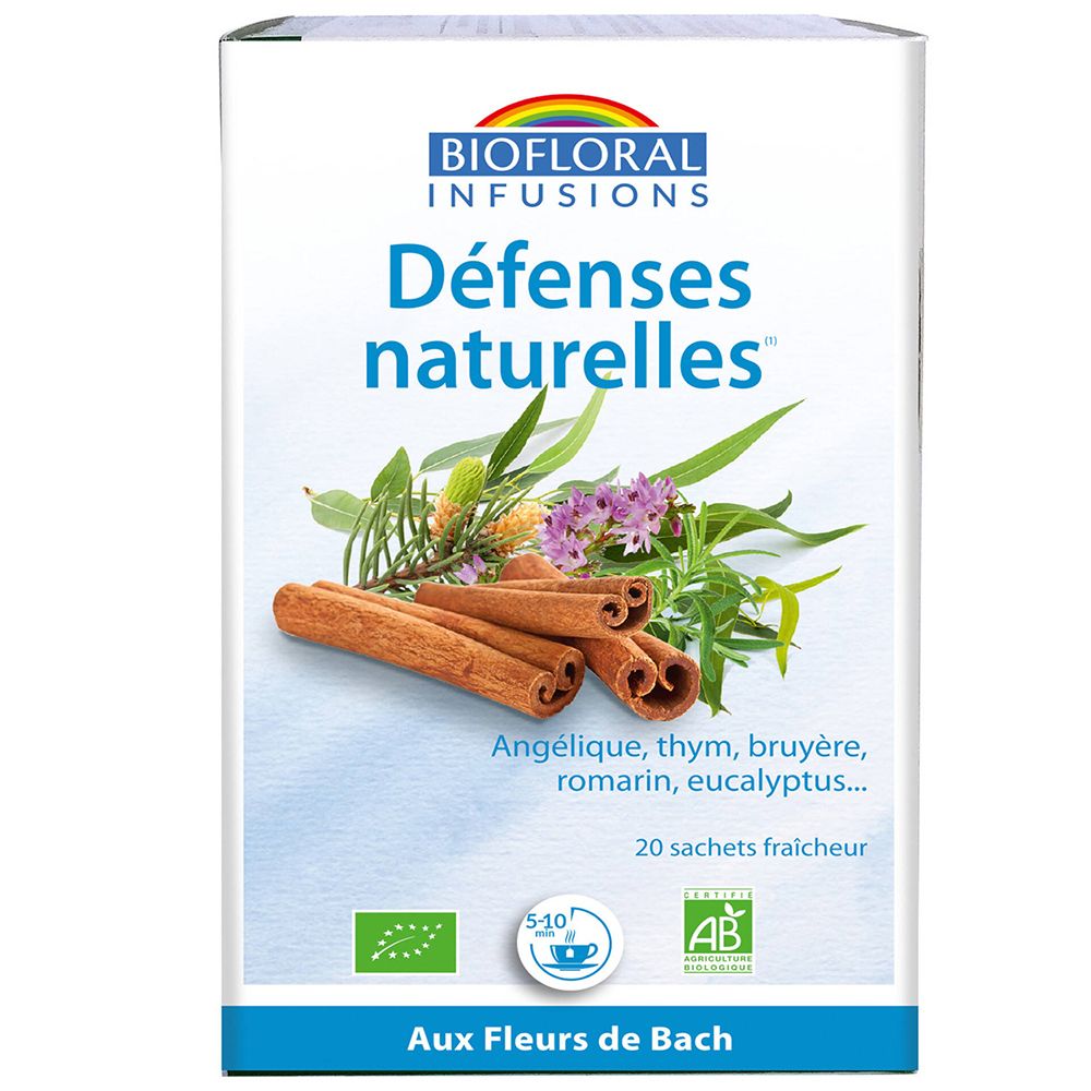 Boîte "Défenses naturelles". Cannelle, herbes et fleurs illustrées. Labels bio et "AB". 20 sachets.