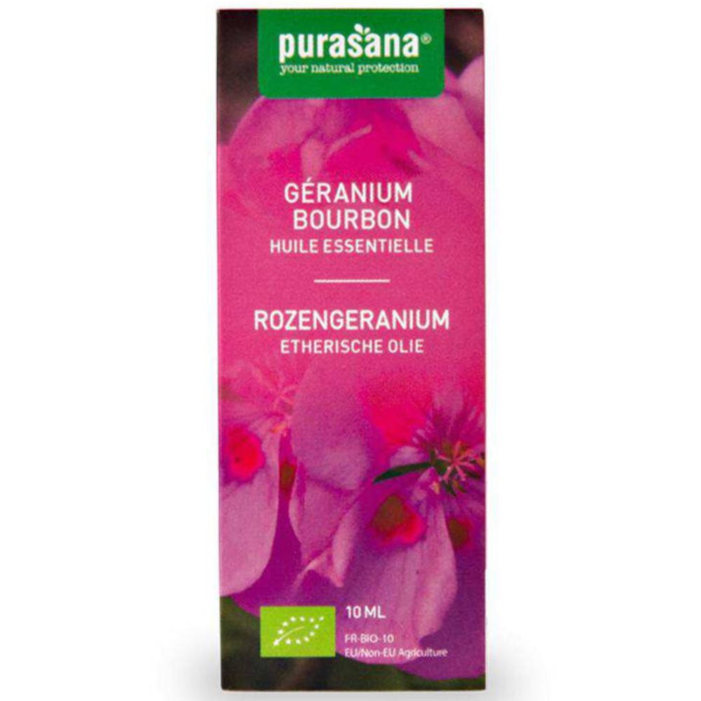 Boîte rose purasana® Geranium Bourbon Öl. Texte: Géranium Bourbon, Huile Essentielle, Rozengeanium, 10 ml, label bio.
