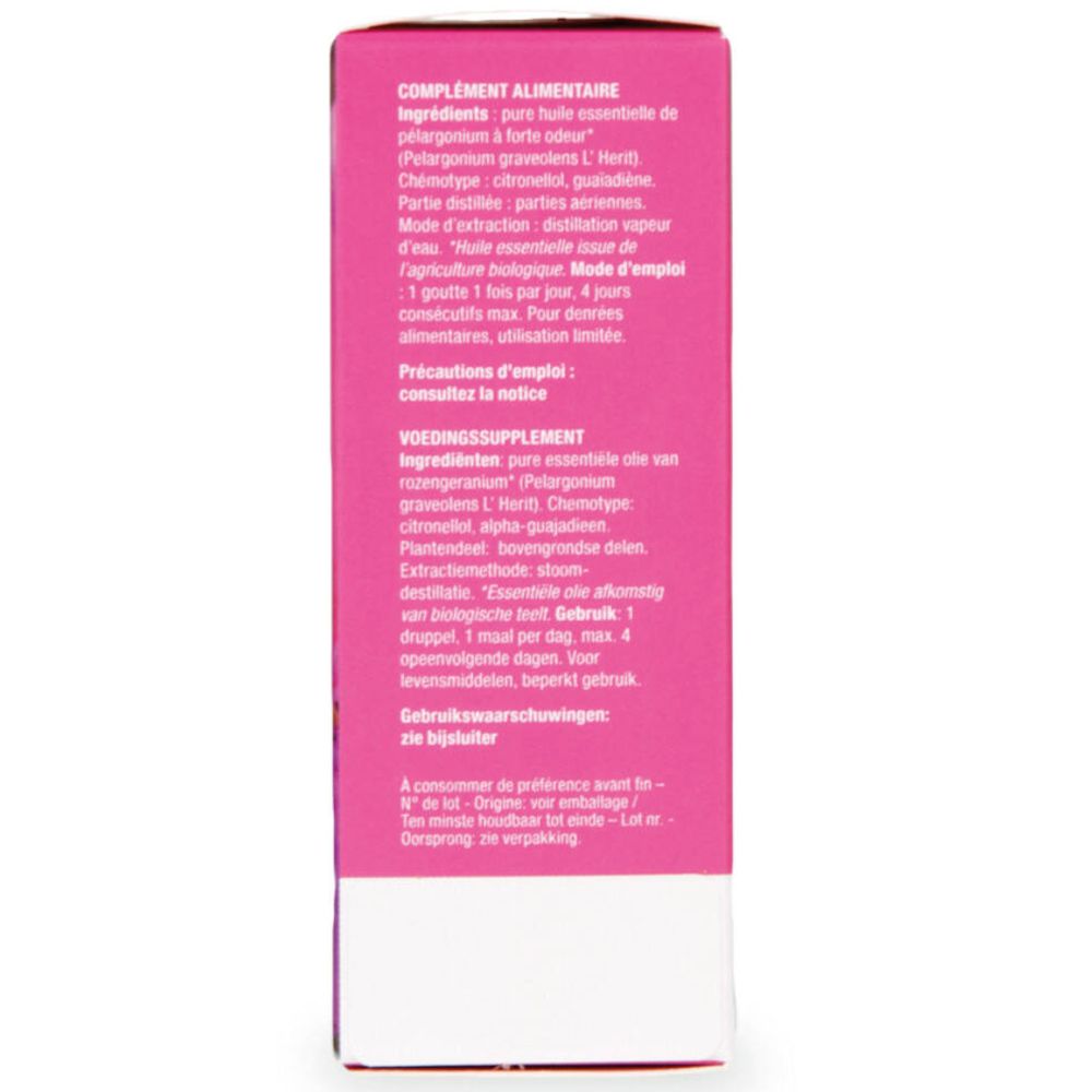 Vue latérale de l'emballage purasana® Geranium Bourbon Öl. Texte: Ingrédients, conseils d'utilisation, label bio.