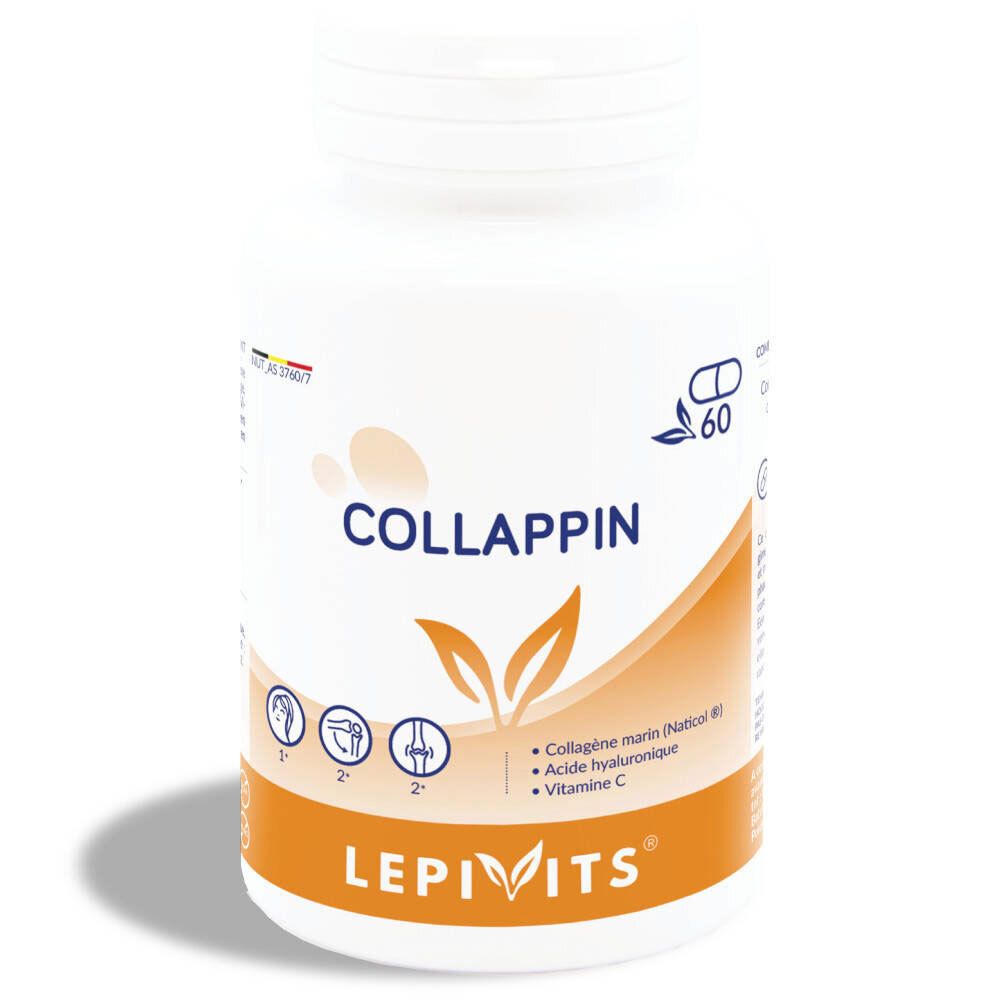 Flacon blanc de gélules. Inscription: COLLAPPIN, LEPIVITS. Contient collagène marin, acide hyaluronique et vitamine C.
