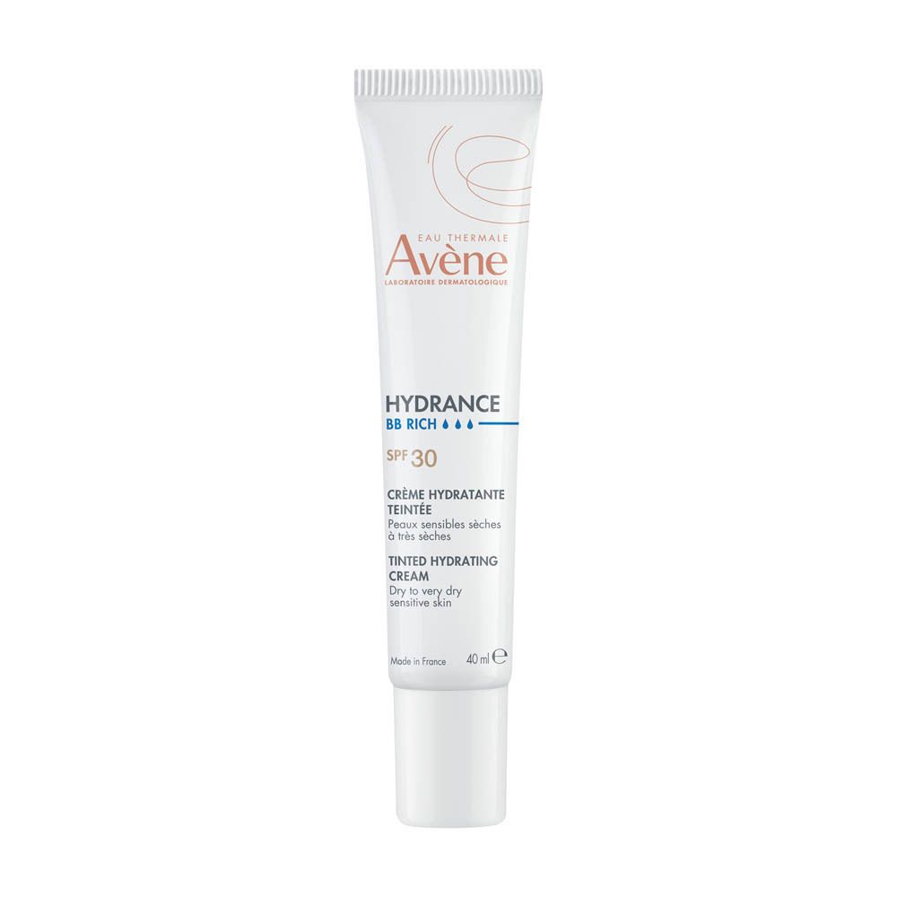 Tube de crème Avène Hydrance BB-Rich, crème hydratante teintée, SPF 30. Pour peaux sensibles sèches à très sèches.