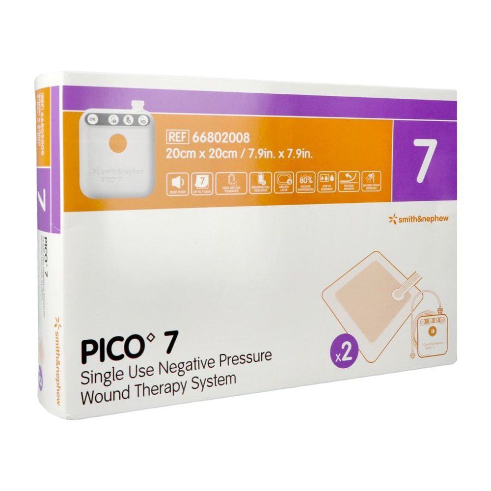 Emballage Pico 7. Dimensions : 20cm x 20cm, 7.9in x 7.9in. Système de thérapie par pression négative à usage unique. Contient 2 unités. Marque Smith & Nephew.