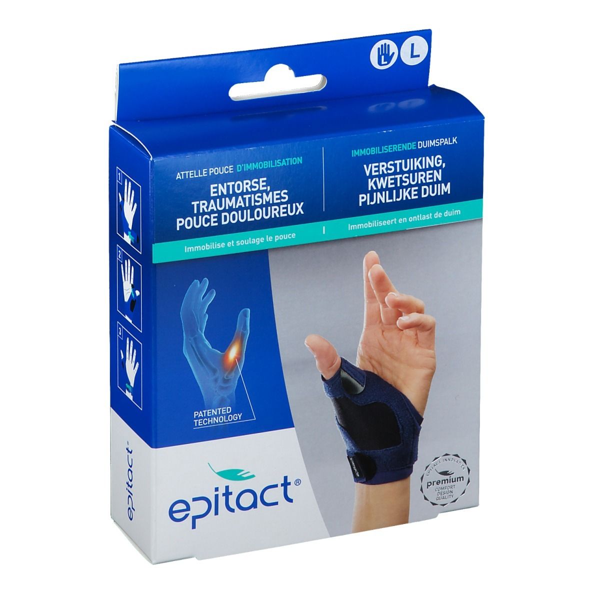 Boîte EPITACT pour attelle pouce. Bleu, avec image du produit et texte multilingue.