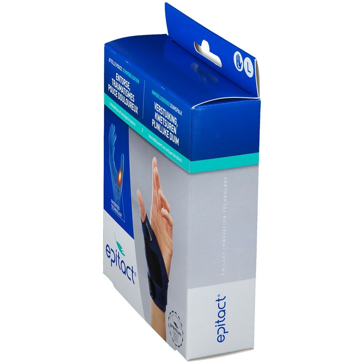 Vue latérale de la boîte EPITACT pour attelle pouce. Boîte bleue et blanche avec logo.