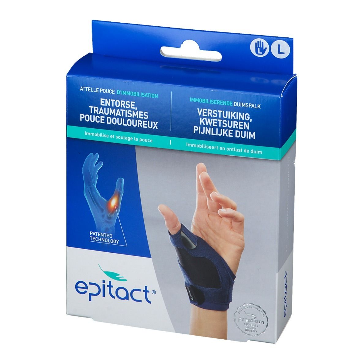 Vue de face de la boîte EPITACT pour attelle pouce. Boîte bleue avec image du produit et texte.