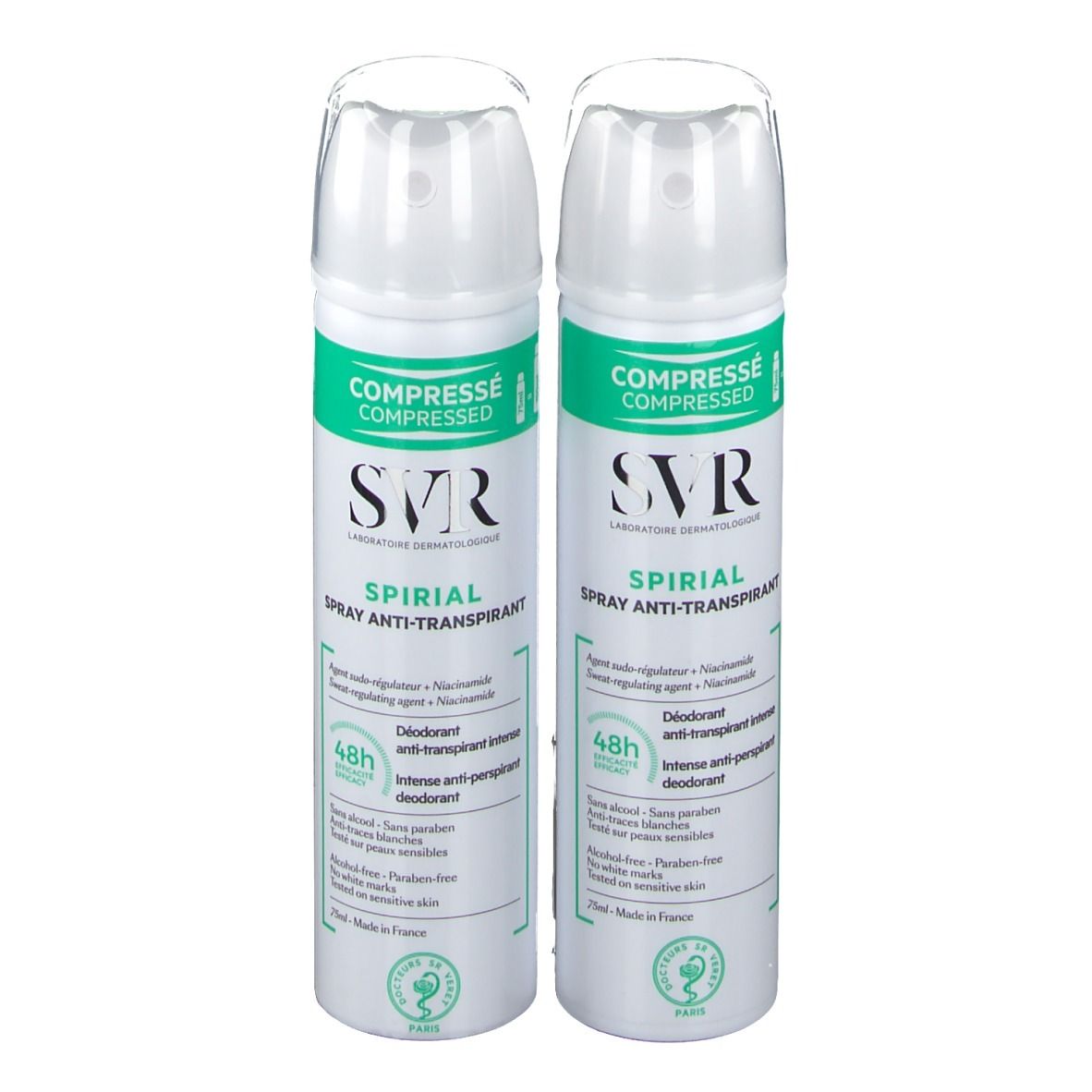 Deux sprays blancs avec des accents verts. Inscription: SVR SPIRIAL Spray Anti-Transpirant. Capuchon transparent.