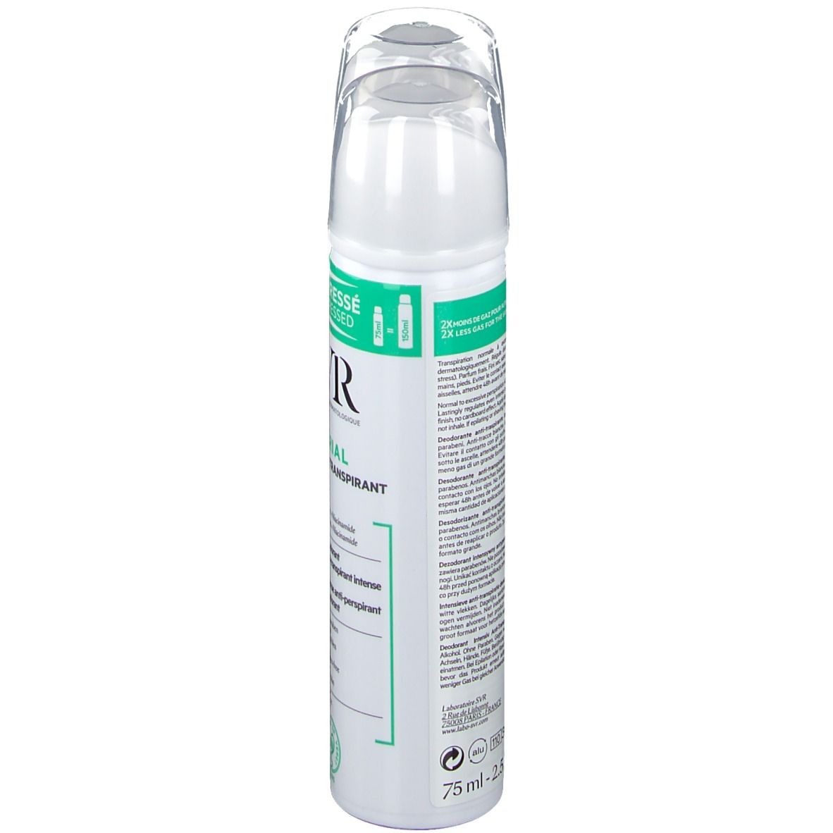 Spray blanc avec détails verts. Inscription: SVR SPIRIAL Spray Anti-Transpirant. Capuchon transparent. Vue latérale.