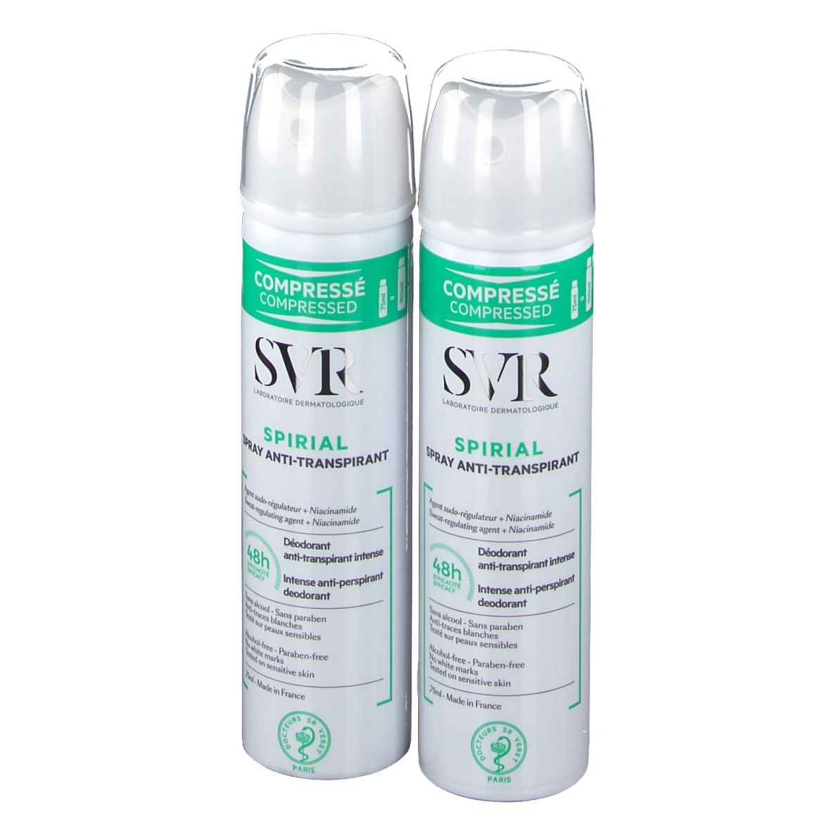 Deux sprays blancs avec des accents verts. Inscription: SVR SPIRIAL Spray Anti-Transpirant. Bouchons transparents.