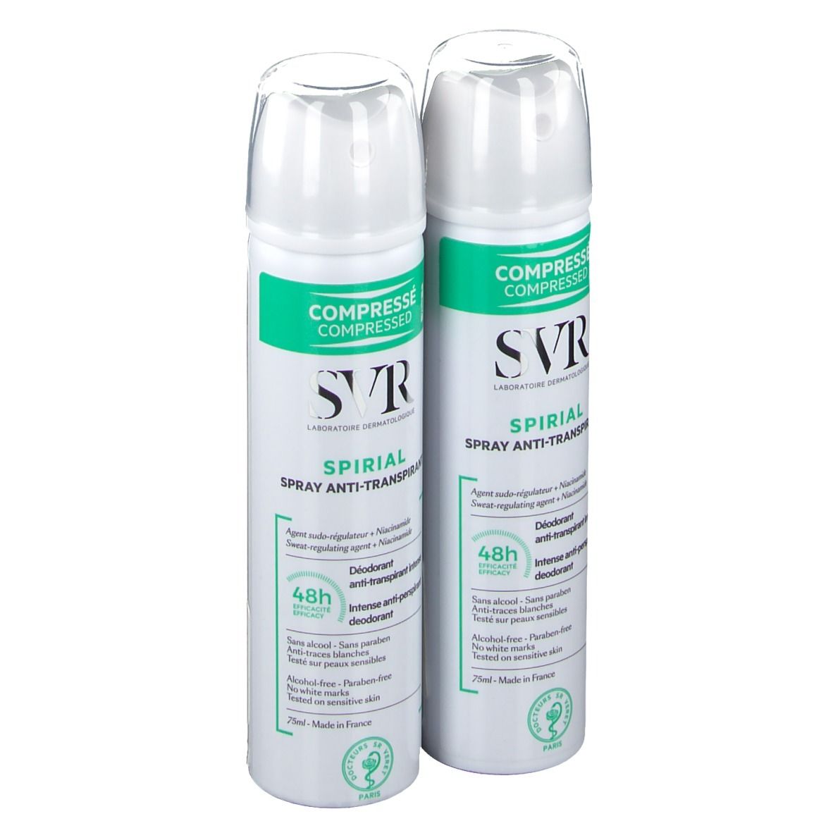 Deux sprays blancs avec des accents verts. Inscription: SVR SPIRIAL Spray Anti-Transpirant. Bouchons transparents.