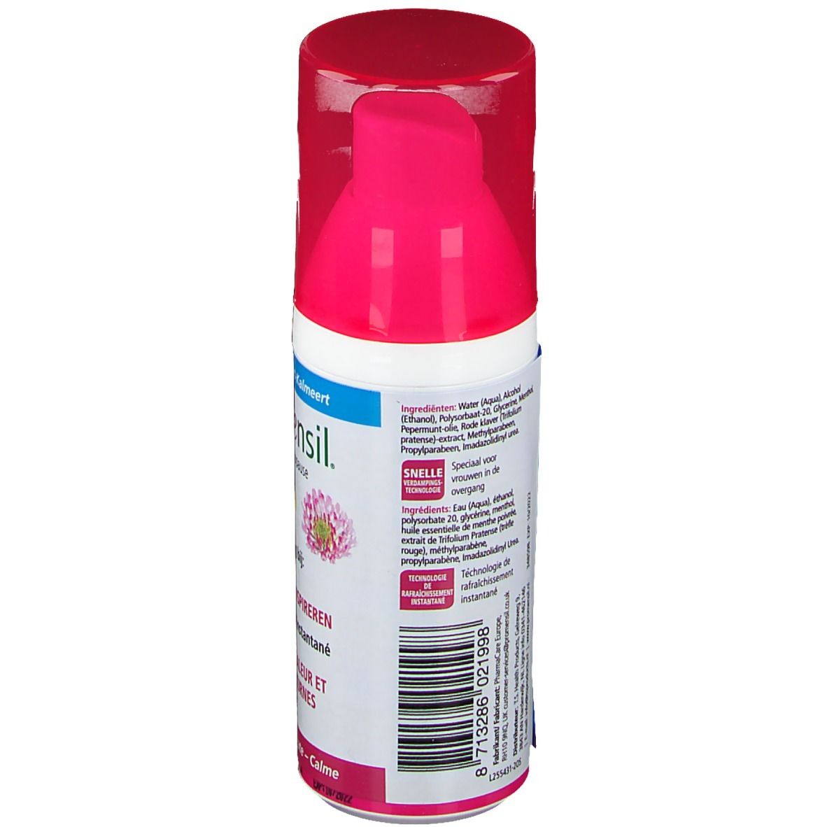Promensil Cooling Spray. Côté du flacon avec ingrédients et code-barres. Texte: Ingrédients, Snelle verlichting.