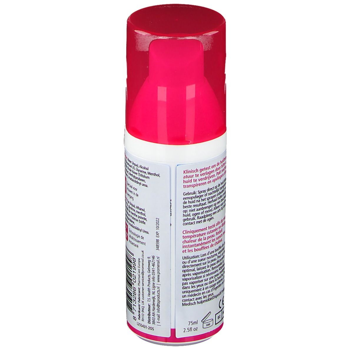 Promensil Cooling Spray. Côté du flacon avec mode d'emploi. Texte: Utilisation, Cliniquement testé.
