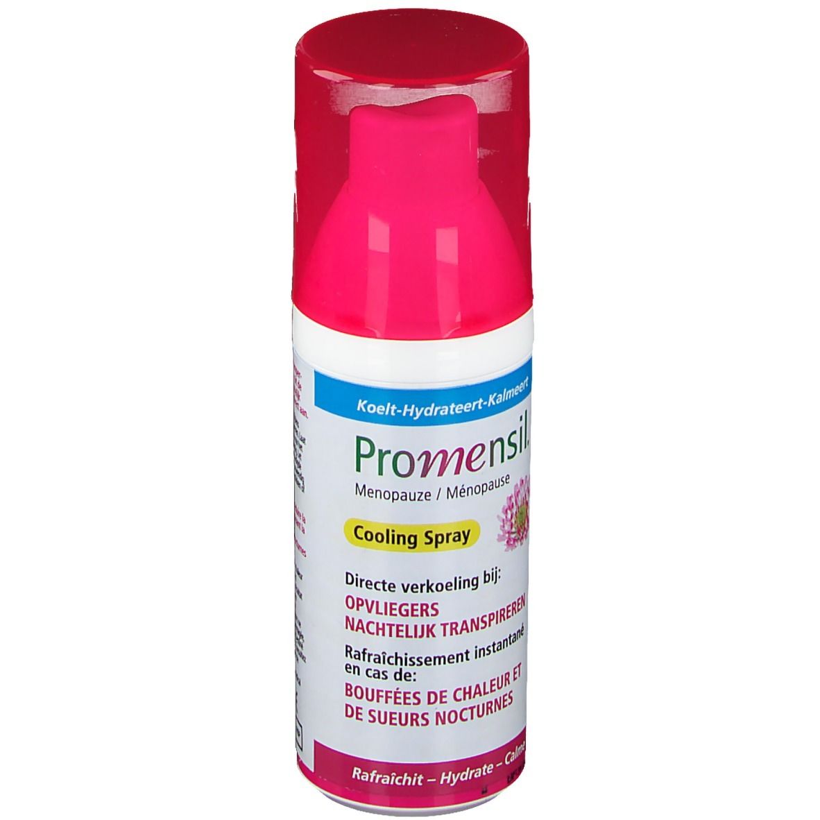 Promensil Cooling Spray. Flacon blanc avec tête rose. Texte: Cooling Spray, Ménopause.