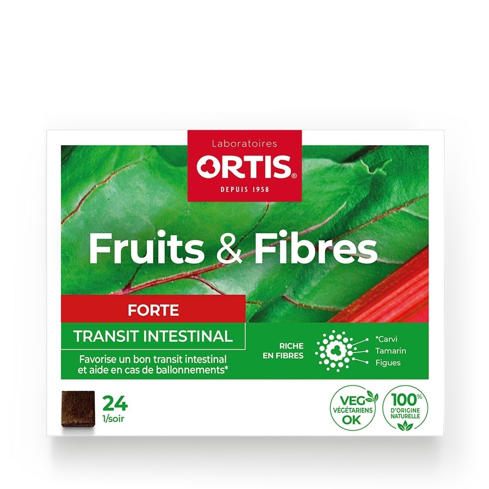 Ortis Fruits & Fibres Forte: Face avant de l'emballage avec détails sur Transit Intestinal.