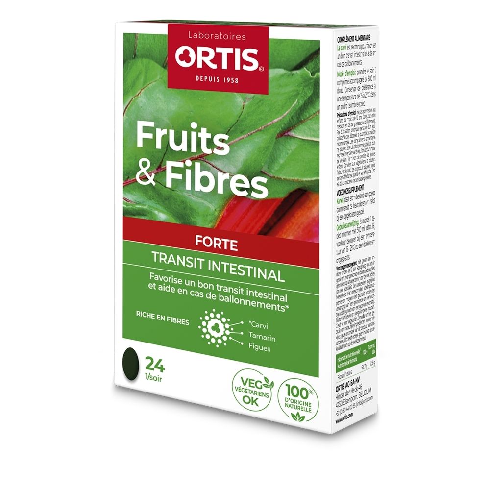 Face avant de la boîte Ortis Fruits & Fibres Forte Transit Intestinal avec image de rhubarbe et figues.