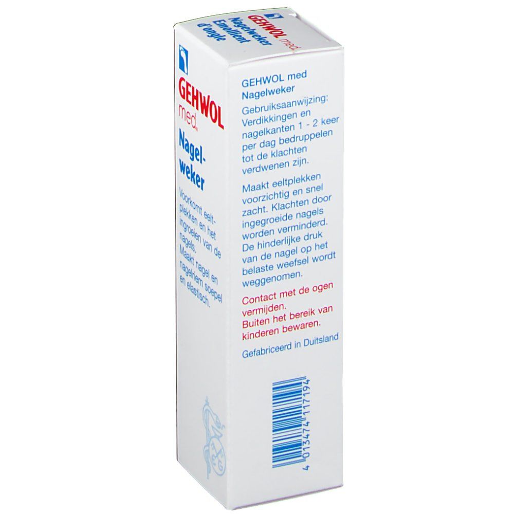 GEHWOL med. Nagelweker. Boîte blanche avec nom et logo du produit. Texte en néerlandais: Gebruiksaanwijzing.