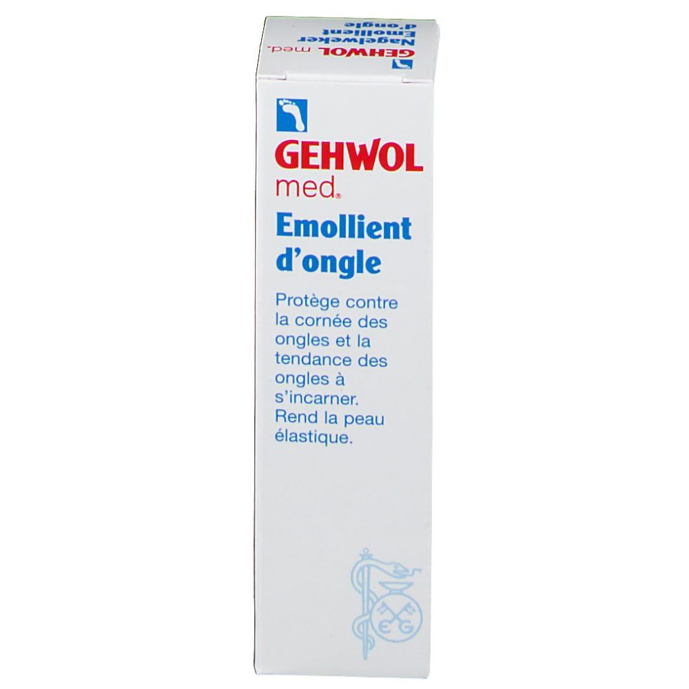 GEHWOL med. Emollient d'ongle. Boîte blanche avec nom et logo du produit. Texte en français: Protège contre la corneé des ongles.