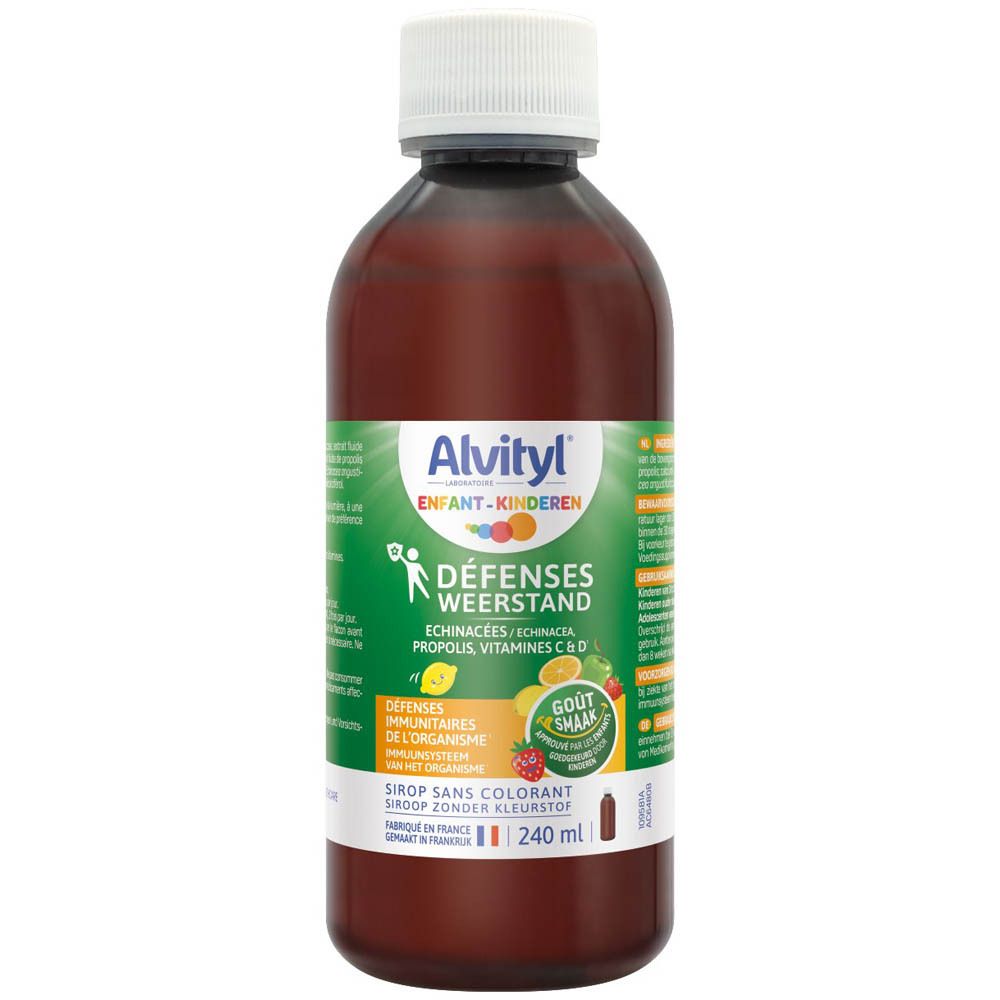 Bouteille Alvityl Défenses Weerstand. Contient échinacée, propolis, vitamines C & D. 240 ml. Bouchon blanc.