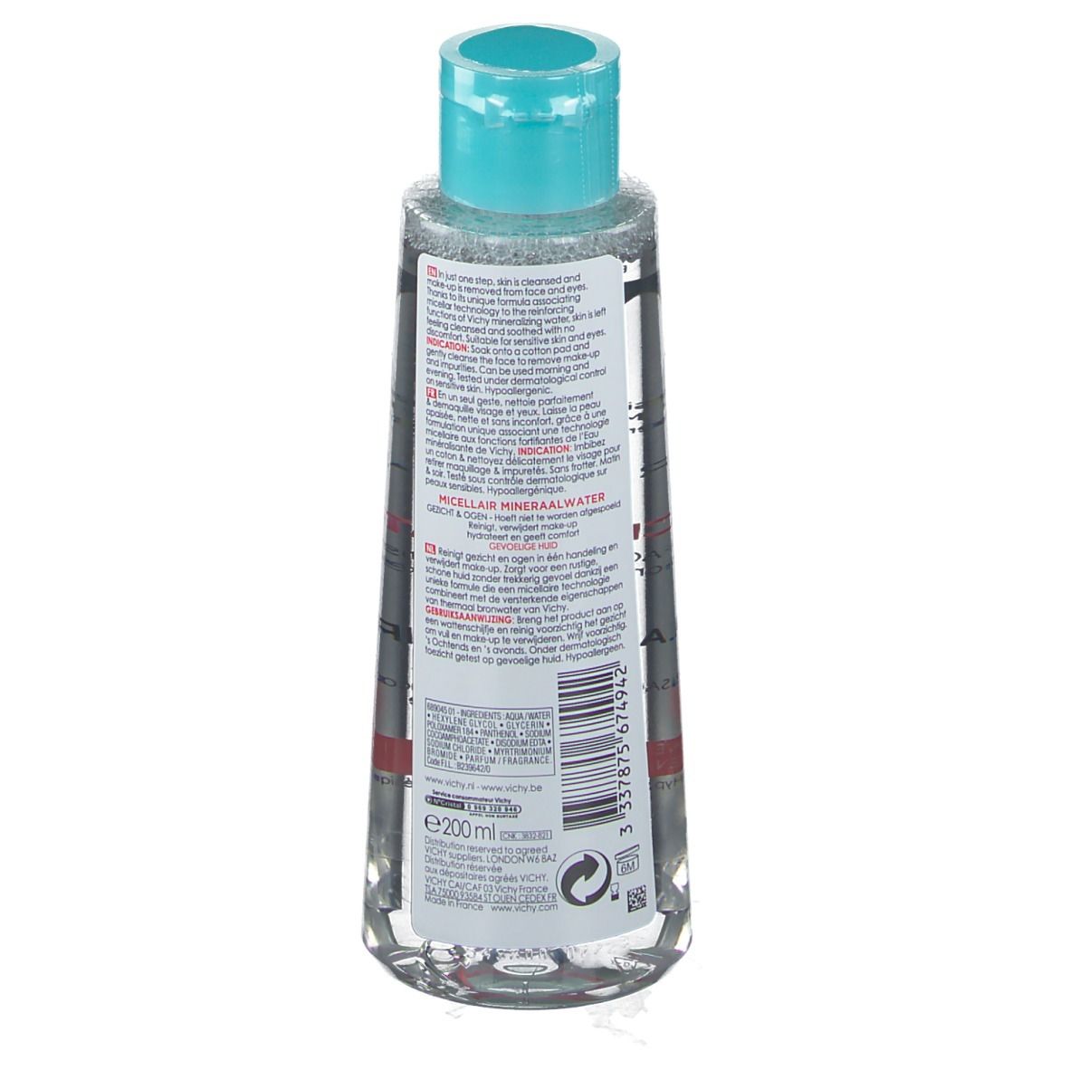 Dos du flacon d'eau micellaire minérale Vichy avec bouchon bleu. Texte multilingue, code-barres et volume : 200 ml.