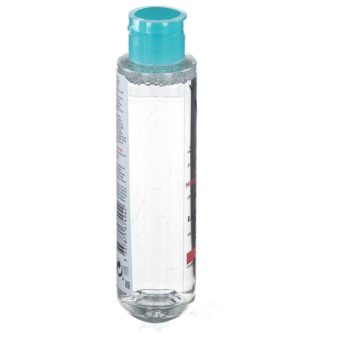 Flacon d'eau micellaire minérale Vichy, bouchon bleu. Inscription et volume : 200 ml. Bouteille partiellement transparente.