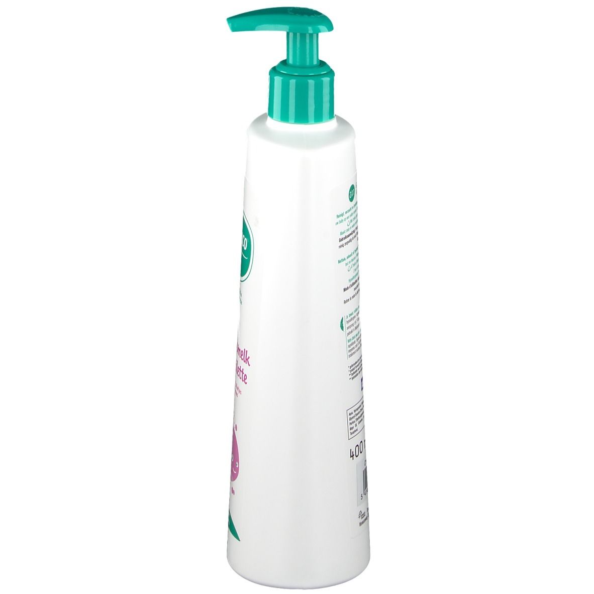 Flacon blanc avec pompe verte. Inscription : Galenco baby, Reinigungsmelk, Lait de toilette. Vue latérale.