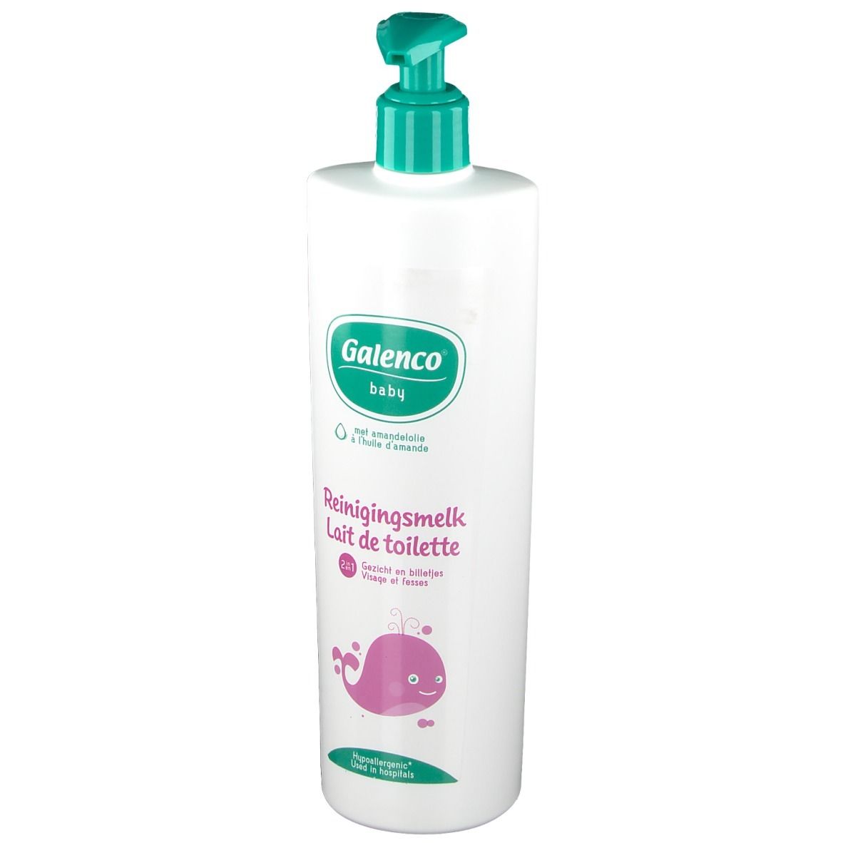 Flacon blanc avec pompe verte. Inscription : Galenco baby, Reinigungsmelk, Lait de toilette. Avec illustration.