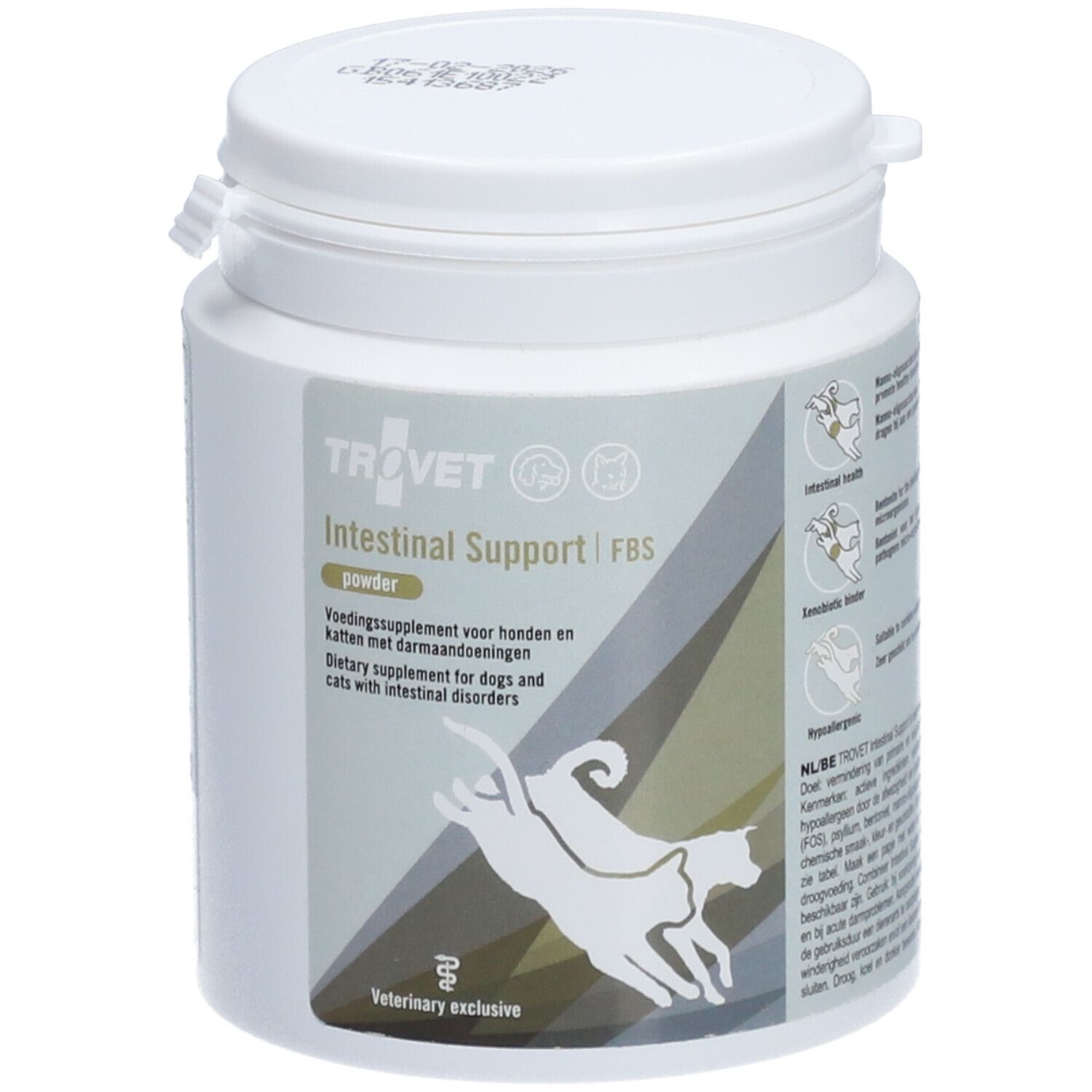 Boîte blanche avec couvercle. Inscription: TROVET Intestinal Support FBS. Image chien et chat. Poudre pour chiens et chats.
