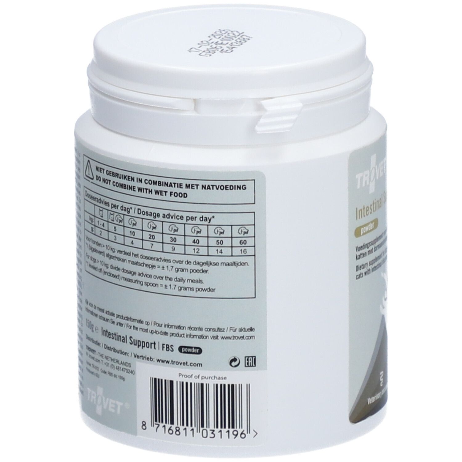 Dos de la boîte blanche. Texte avec recommandations de dosage et code-barres. Inscription: TROVET Intestinal Support FBS.